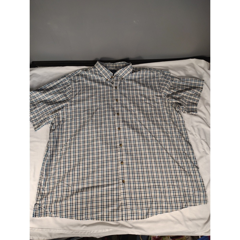 Harbor Bay Mens 2XL Plaid Short Sleeve Button Down Shirt Blue Tan Cotton Blend‎